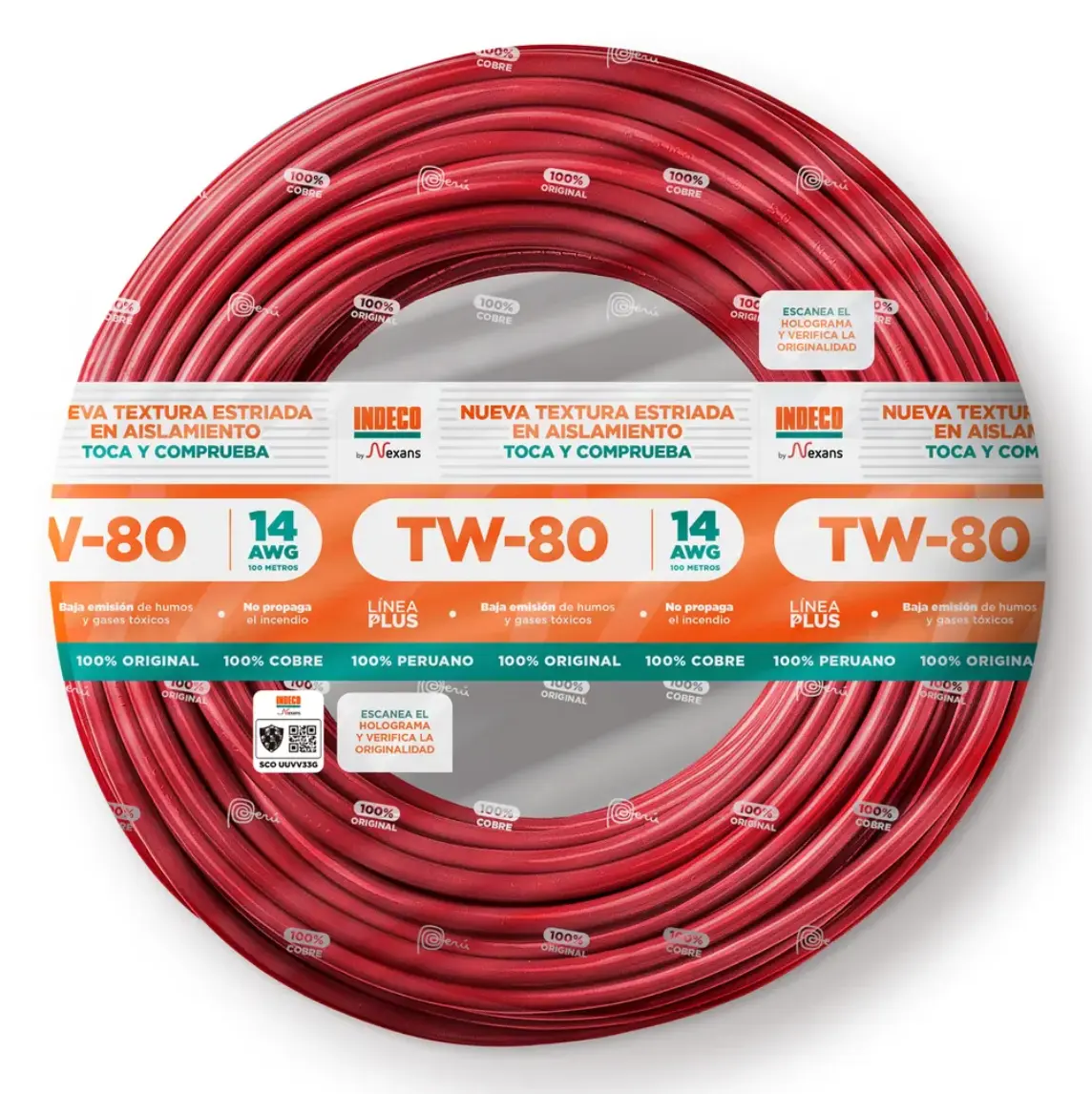 Cable TW-80 Plus 14 AWG Indeco 450/750V Rojo de 100 metros