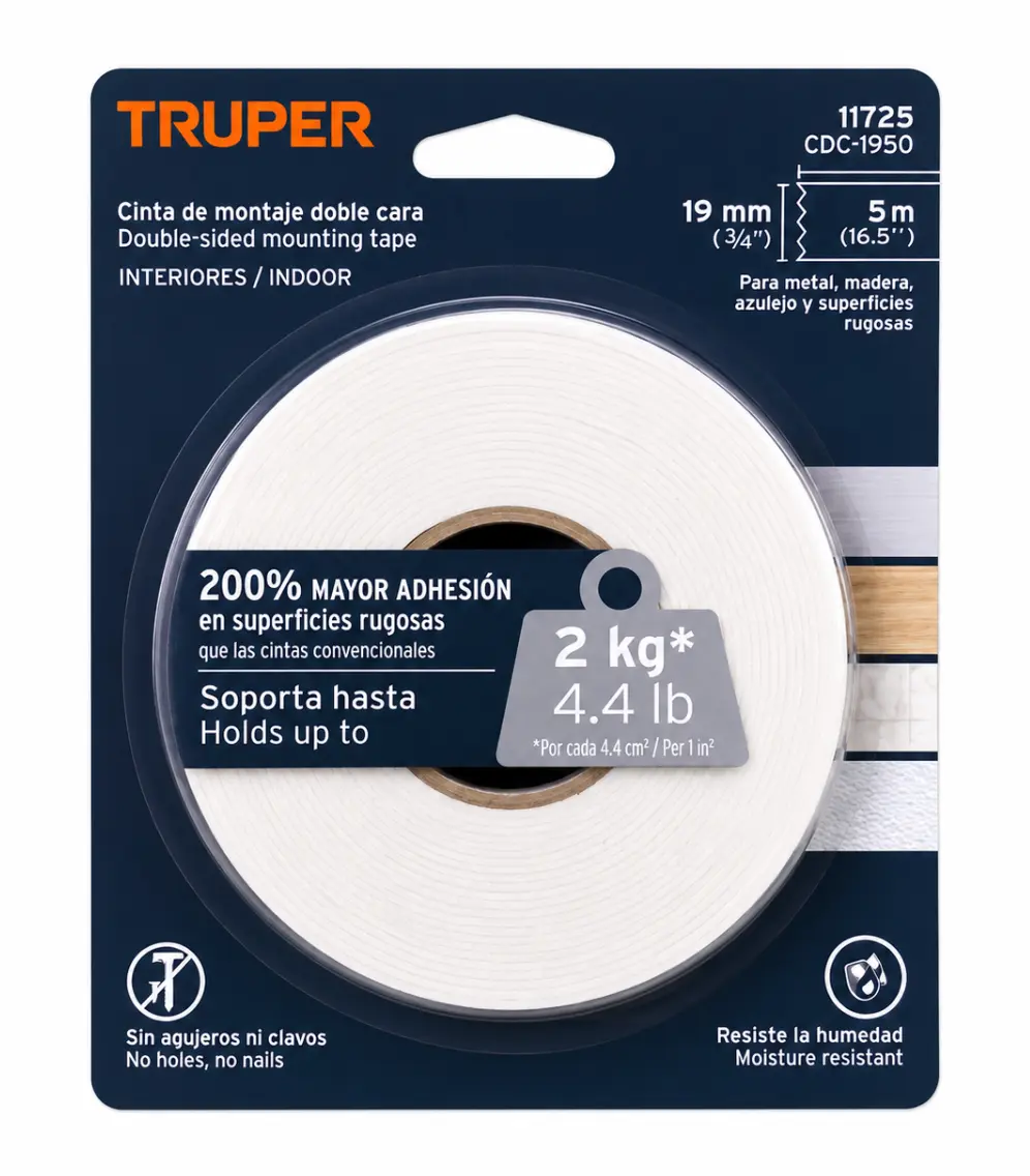 Cinta de Montaje Doble Cara 19 mm x 5 m Truper CDC-1950