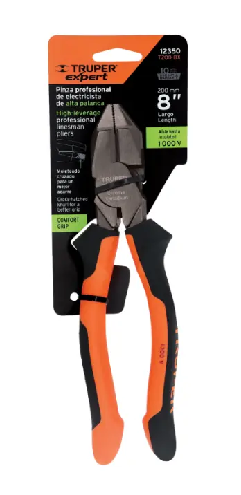 Pinza Electricista Truper Expert T200-8X 8 Pulgadas Uso Rudo Alta Palanca Comfort Grip Cód. 12350