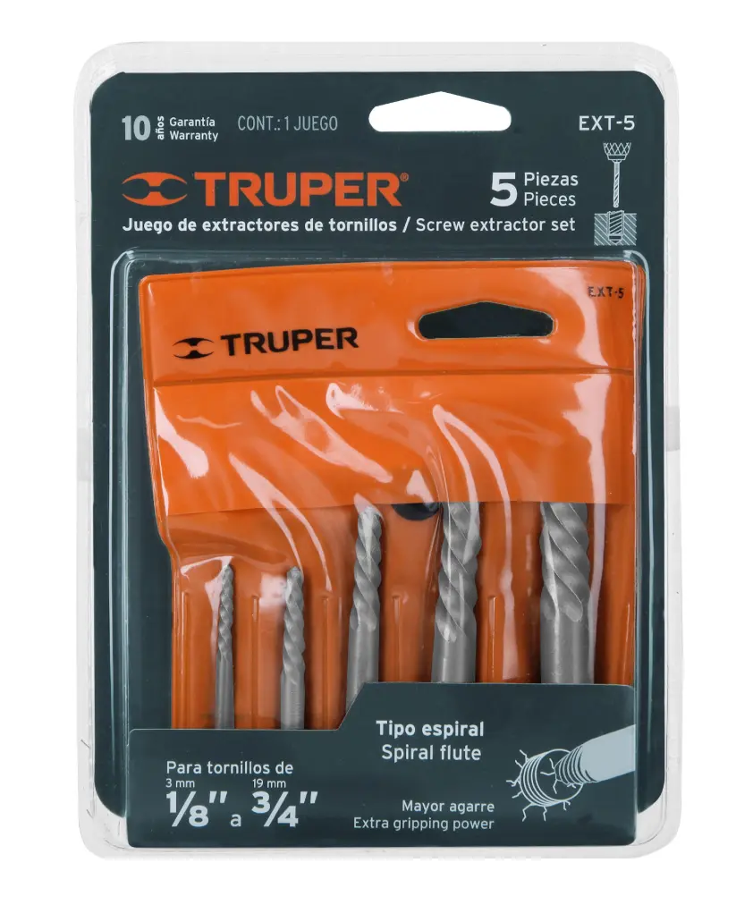 Juego de Extractores de Tornillos Truper EXT-5 Tipo Espiral 5 Piezas Cód. 14512