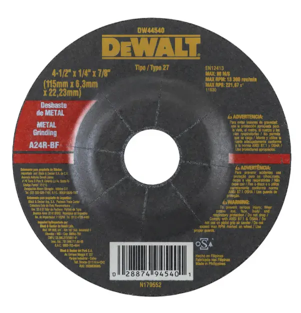 Disco de Desbaste para Metal DeWalt DW44540 4 1/2 x 1/4 x 7/8 Pulgadas