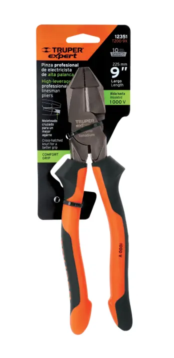 Pinza Electricista Truper Expert T200-9X 9 Pulgadas Uso Rudo Alta Palanca Comfort Grip Cód. 12351