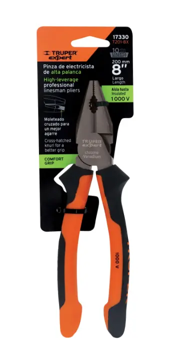 Pinza para Electricista Truper Expert T201-8X 8 Pulgadas Alta Palanca Comfort Grip Cód. 17330