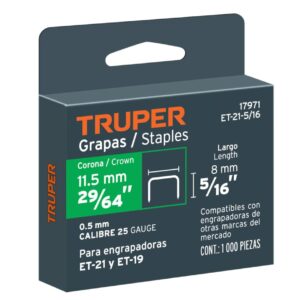 Grapas Truper 5/16 Pulgada Corona 11.2 mm ET-21-5/16 1000 Piezas Cód. 17971