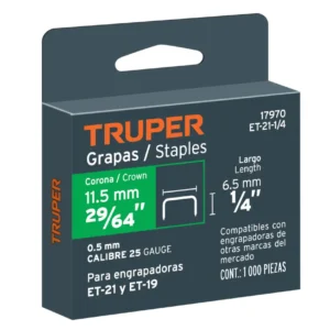 Grapas Truper 1/4 Pulgada Corona 11.2 mm ET-21-1/4 1000 Piezas Cód. 17970