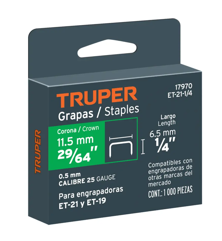 Grapas Truper 1/4 Pulgada Corona 11.2 mm ET-21-1/4 1000 Piezas Cód. 17970