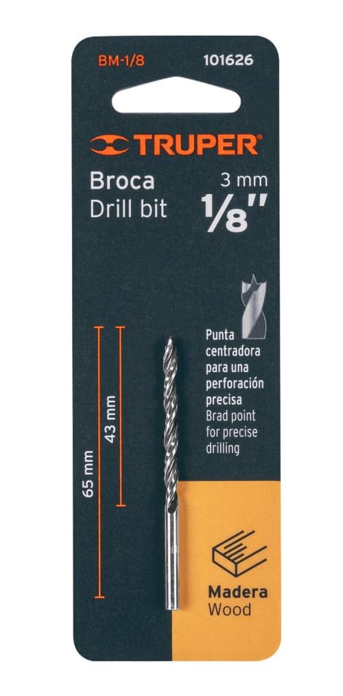 Broca para Madera con Punta Centradora Truper 1/8 Pulgada BM-1/8 Cód. 101626