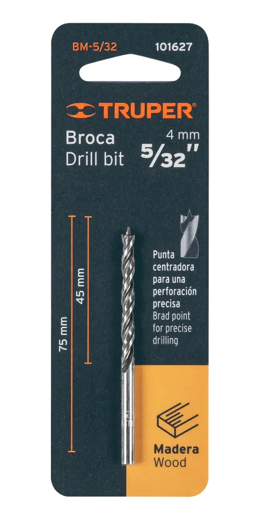 Broca para Madera con Punta Centradora Truper 5/32 Pulgada BM-5/32 Cód. 101627