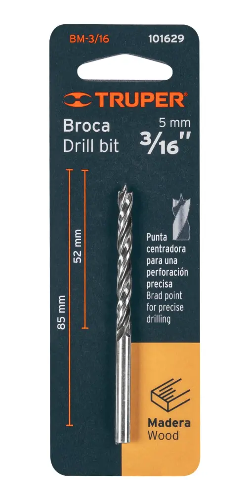 Broca para Madera con Punta Centradora Truper 3/16 Pulgada BM-3/16 Cód. 101629