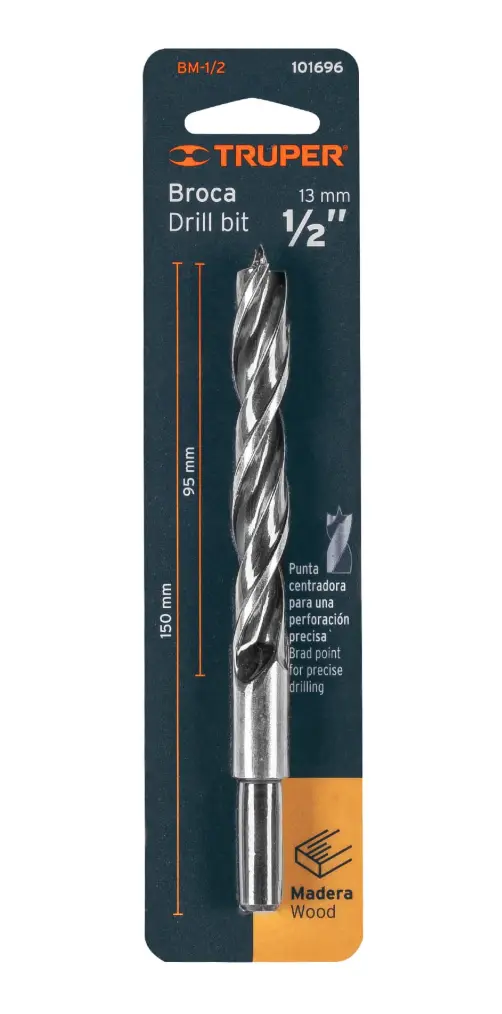 Broca para Madera con Punta Centradora Truper 1/2 Pulgada BM-1/2 Cód. 101696