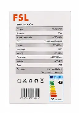 Lámpara LED con Ventilador FSL 30W E27 con Control Remoto - Imagen 2