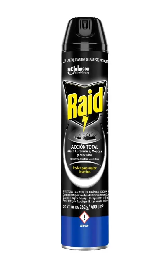 Insecticida Acción Total Mata Cucarachas Moscas y Zancudos Raid 400 ml
