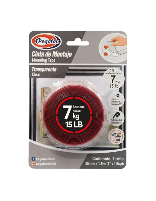Cinta de Montaje Doble Cara Pegafan Transparente 25 mm x 1.5 m