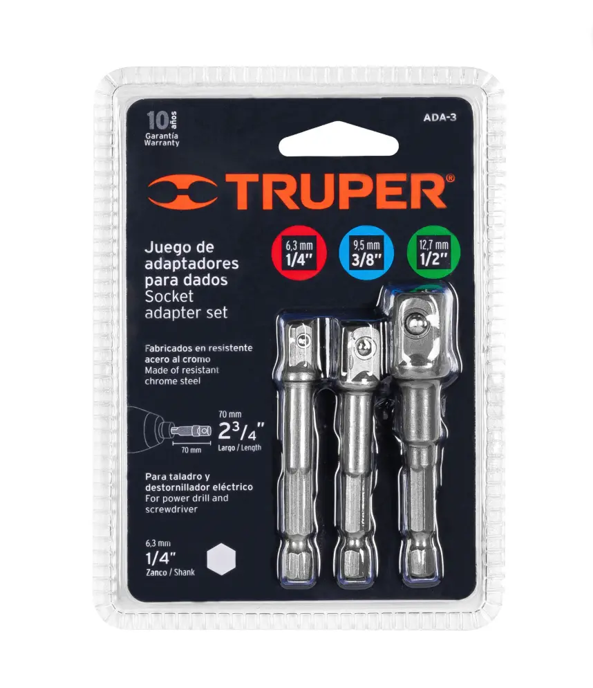 Juego de 3 Adaptadores para Dados Truper 1/4 3/8 y 1/2 pulgadas ADA-3 Código 10752