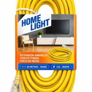 Extensión Eléctrica Home Light 3 Tomas 20 Metros 16 AWG Amarilla