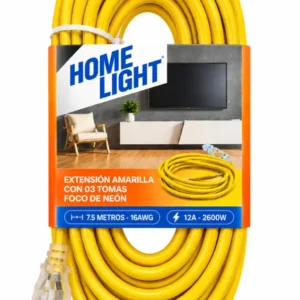 Extensión Eléctrica Home Light 3 Tomas 7.5 Metros 16 AWG Amarillo