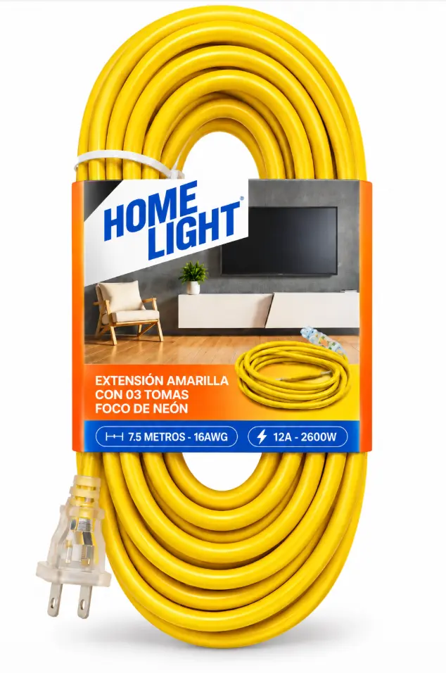 Extensión Eléctrica Home Light 3 Tomas 7.5 Metros 16 AWG Amarillo