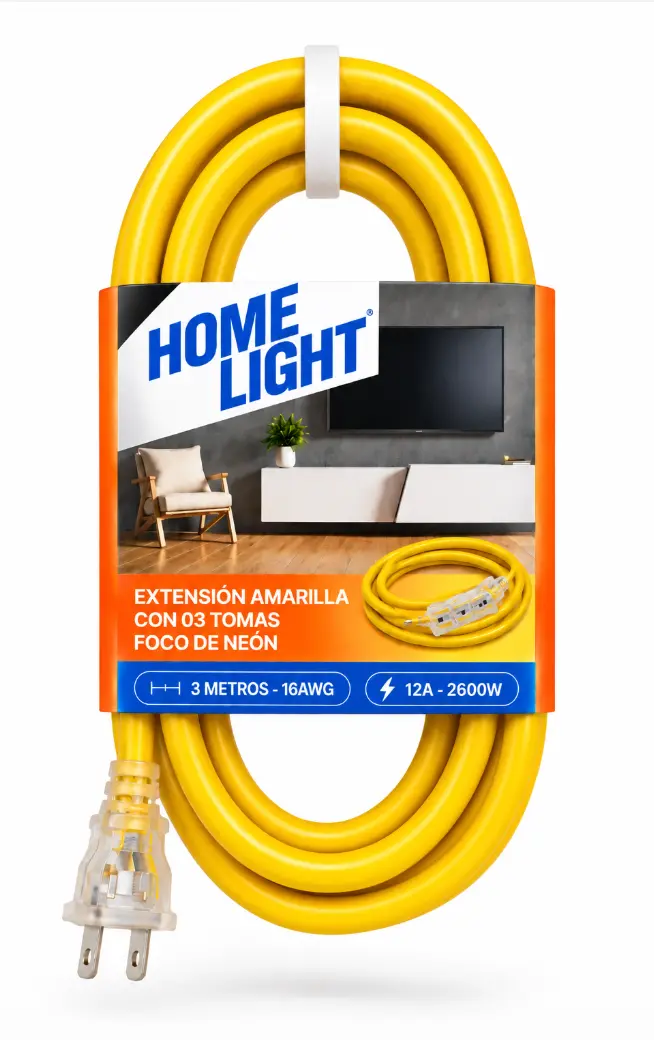 Extensión Eléctrica Home Light 3 Tomas 3 Metros 16 AWG Amarillo