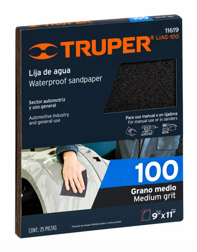 Lija de Agua Truper Grano 100 Paquete de 25 Hojas Código 11619