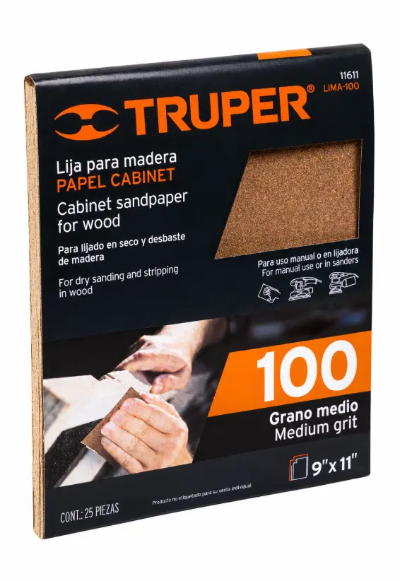 Lija para Madera Truper Grano 100 Paquete de 25 Hojas Código 11611