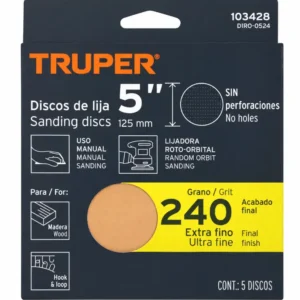 Discos de Lija Ciegos Truper de 5 pulgadas Grano 240 Paquete de 25 Código 103428