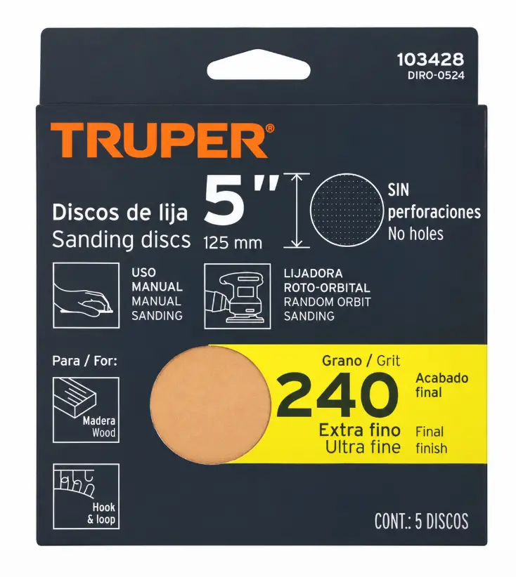 Discos de Lija Ciegos Truper de 5 pulgadas Grano 240 Paquete de 25 Código 103428