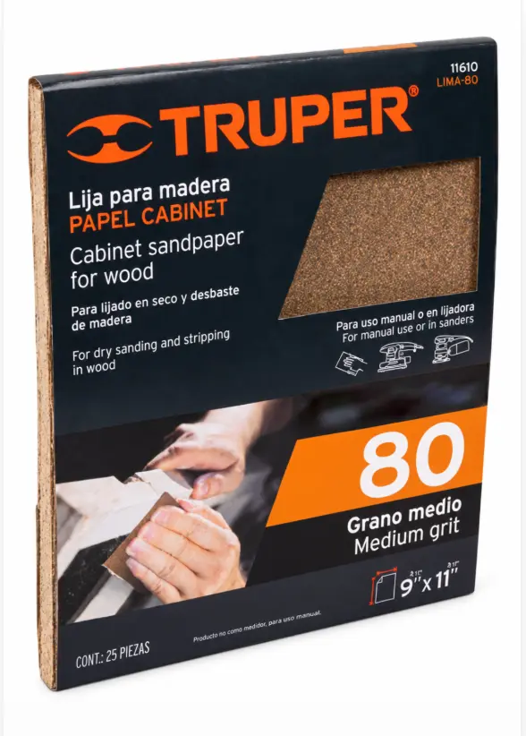 Lija para Madera Truper Grano 80 Paquete de 25 Hojas Código 11610