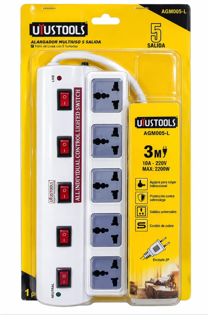 Extensión eléctrica Alargador Multiuso Uyustools de 5 Tomas 3 Metros AGM005-L
