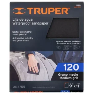 Lija de Agua Truper Grano 120 de 9 x 11 pulgadas Paquete de 25 Hojas Código 11620