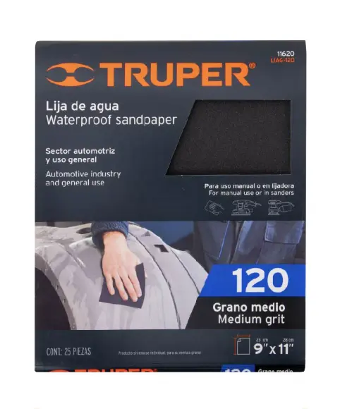 Lija de Agua Truper Grano 120 de 9 x 11 pulgadas Paquete de 25 Hojas Código 11620