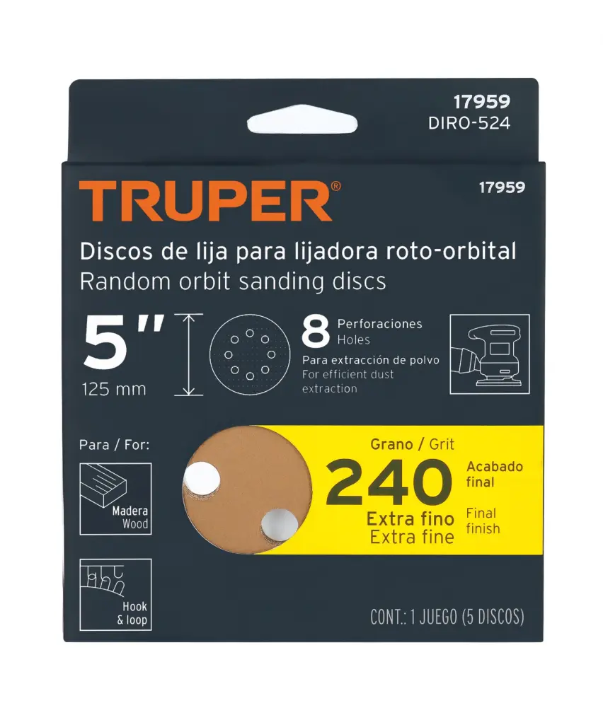 Discos de Lija Truper de 5 pulgadas Grano 240 Paquete de 5 Código 17959
